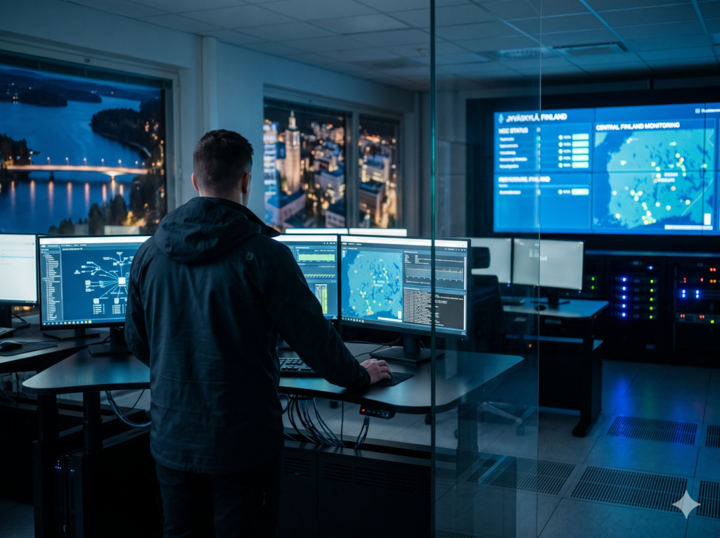 Tietoturvavalvomon operaattori monitorien edessä